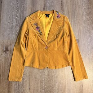 CELL Women’s Corduroy Yellow Blazer Size XS Rhinestone Embroidered Floral Y2K